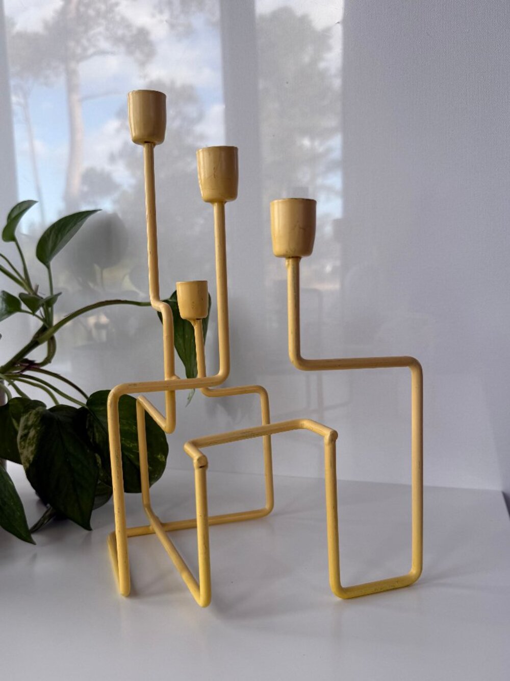 Vintage Four Candle Yellow Enamel Bent Metal MCM Scandinavian Candelabra